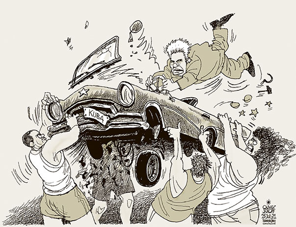 Oliver Schopf, politischer Karikaturist aus Österreich, politische Karikaturen aus Österreich, Karikatur Cartoon Illustrationen Politik Politiker international 2021: KUBA VOLK DEMONSTRATIONEN PROTESTE PRÄSIDENT MIGUEL DIAZ-CANEL AUTO OLDTIMER AMI SCHLITTEN SCHÜTTELN RÜTTELN STEUER LENKRAD KLAMMERN    
