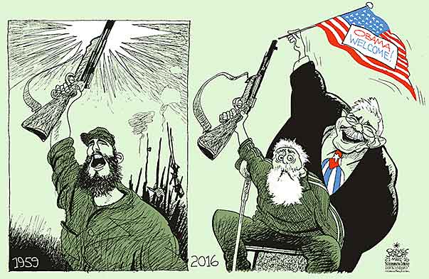  Oliver Schopf, politischer Karikaturist aus Österreich, politische Karikaturen, Illustrationen Archiv politische Karikatur Welt Iran und die Atompolitik 2016 KUBA RAUL CASTRO FIDEL CASTRO OBAMA BESUCH WELCOME REVOLUTION FAHNE 
