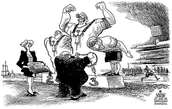 Oliver Schopf, editorial cartoons from Austria, cartoonist from Austria, Austrian illustrations, illustrator from Austria, editorial cartoon politics politician International, Cartoon Arts International, New York Times Syndicate, Cagle cartoon 2015 SPORTS ATHLETICS DOPING SYRINGE MEDAL AWARD CEREMONY STADIUM    
