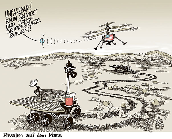 Oliver Schopf, politischer Karikaturist aus Österreich, politische Karikaturen aus Österreich, Karikatur Cartoon Illustrationen Politik Politiker international 2021: CHINA WELTRAUM PLANET MARS OBERFLÄCHE ORBITER LANDER ROVER TIANWEN-1 ZHURONG LANDUNG SEIDENSTRASSE USA PERSEVERANCE DROHNE HELICOPTER RIVALEN HANDELSKRIEG    
