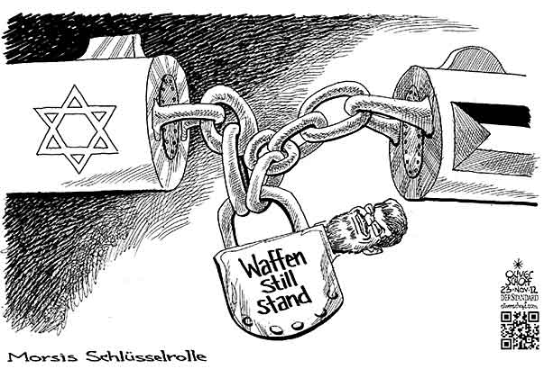 Oliver Schopf, politischer Karikaturist aus Österreich, politische Karikaturen aus Österreich, Karikatur Illustrationen Politik Politiker international 2012 ISRAEL HAMAS GAZA PALAESTINA AEGYPTEN WAFFENSTILLSTAND NAHER OSTEN MOHAMMED MURSI VORHANGSCHLOSS SCHLUESSEL VERSPERREN KETTE