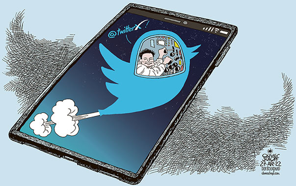 Oliver Schopf, editorial cartoons from Austria, cartoonist from Austria, Austrian illustrations, illustrator from Austria, editorial cartoon politics politician International, Cartoon Arts International, 2022: TWITTER ELON MUSK SMARTPHONE CELL PHONE SPAVE X TAKEOVER BUY ROCKET SPACE  
