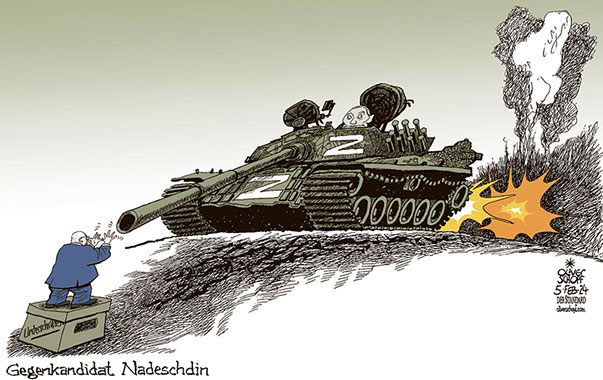 Oliver Schopf, politischer Karikaturist aus Österreich, politische Karikaturen aus Österreich, Karikatur Cartoon Illustrationen Politik Politiker international 2024: RUSSLAND PRÄSIDENTENWAHLEN 
BORIS NADESCHDIN PUTIN UKRAINEKRIEG PANZER WIDERSTAND UNTERSTÜTZUNGSERKLÄRUNG UNTERSCHRIFT



































 

 







