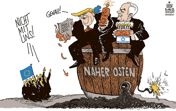 Oliver Schopf, politischer Karikaturist aus Österreich, politische Karikaturen aus Österreich, Karikatur Cartoon Illustrationen Politik Politiker international 2018 
NAHER OSTEN PULVERFASS TRUMP NETANJAHU EU IRAN ATOM DEAL ABKOMMEN US-BOTSCHAFT JERUSALEM 70 JAHRE ISRAEL TORTE KERZE EXPLOSIV       
