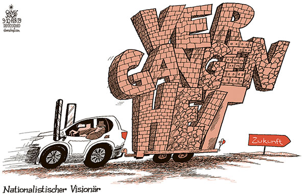 Oliver Schopf politische Karikatur: Nationalistischer Visionär
Oliver Schopf, politischer Karikaturist aus Österreich, politische Karikaturen aus Österreich, Karikatur Cartoon Illustrationen Politik Politiker international 2019
ZUKUNFT GESELLSCHAFT ENTWICKLUNG ZEITENWENDE RECHTSPOPULISMUS NATIONALISMUS RÜCKWÄRTS AUTO ANHÄNGER VERGANGENHEIT BUCHSTABEN