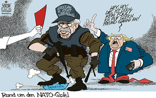 Oliver Schopf, politischer Karikaturist aus Österreich, politische Karikaturen aus Österreich, Karikatur Cartoon Illustrationen Politik Politiker international @oliverschopf.bsky.social 2026: NATO GIPFEL TÜRKEI ANKARA DEMOKRATIE REPRESSIONEN ERDOGAN POLIZIST VERHAFTUNGEN TRUMP ROTE KARTE ANRUF INFANTINO UNTERDRÜCKUNG 




