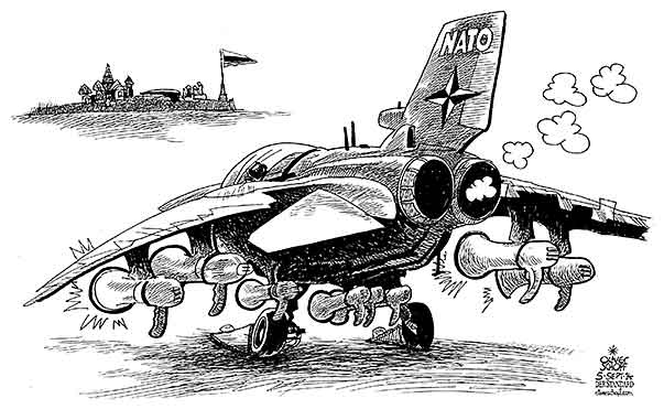  Oliver Schopf, politischer Karikaturist aus Österreich, politische Karikaturen, Illustrationen Archiv politische Karikatur Welt Russland 2014 NATO RUSSLAND KAMPFJET UKRAINE MEGAFON MILITAER EINSATZ KREML  
