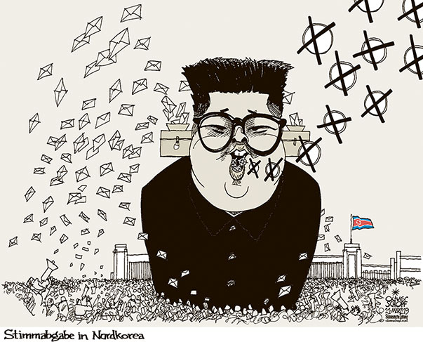  Oliver Schopf, politischer Karikaturist aus Österreich, politische Karikaturen, Illustrationen Archiv politische Karikatur Welt Nord Korea Korea 2019 NORDKOREA WAHLEN OBERSTE VOLKSVERSAMMLUNG PARLAMENT KIM JONG UN STIMME STIMMENABGABE WAHLURNE



