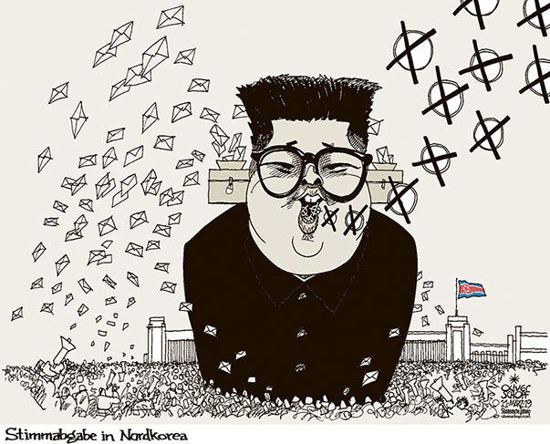 Oliver Schopf, politischer Karikaturist aus Österreich, politische Karikaturen aus Österreich, Karikatur Cartoon Illustrationen Politik Politiker international 2019 
NORDKOREA WAHLEN OBERSTE VOLKSVERSAMMLUNG PARLAMENT KIM JONG UN STIMME STIMMENABGABE WAHLURNE        
