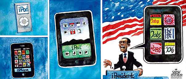 Oliver Schopf, politischer Karikaturist aus Österreich, politische Karikaturen aus Österreich, Karikatur Illustrationen international Jänner 2010: obama, rede, jobs, apple, iPad, iPhone, iPod, apps
 
