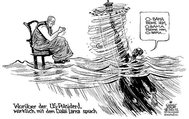 Oliver Schopf, politischer Karikaturist aus Österreich, politische Karikaturen aus Österreich, Karikatur Illustrationen Politik Politiker international 2011 usa obama dalai lama weisses haus kartenzimmer gebetsmuehle om mani padme hum