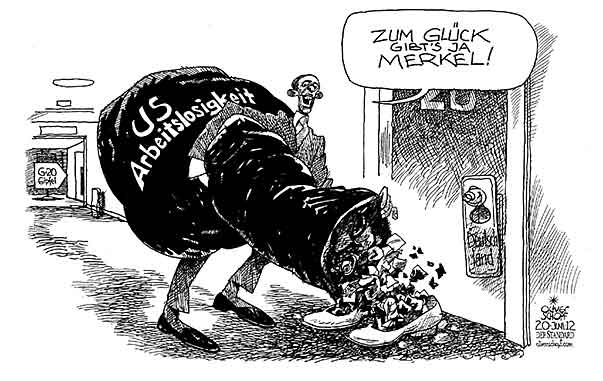 Oliver Schopf, politischer Karikaturist aus Österreich, politische Karikaturen aus Österreich, Karikatur Illustrationen Politik Politiker international 2012 G20 GIPFEL OBAMA MERKEL ARBEITSLOSIGKEIT SCHUHE SCHIEBEN HOTELZIMMER MUELLSACK