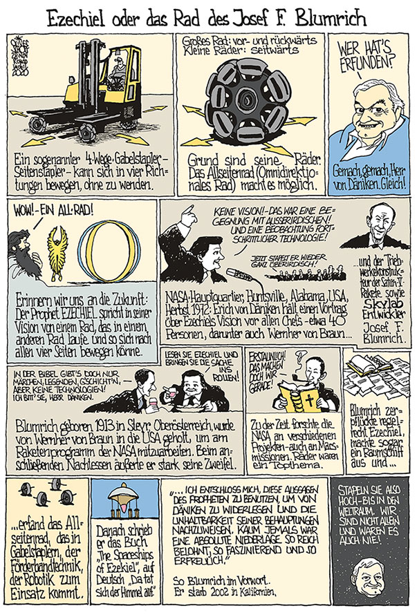 Oliver Schopf politische Karikaturen: Der österreichische NASA-Ingenieur Josef F. Blumrich ließ sich von Erich von Dänikens Ansichten zur Vision des Propheten Ezechiel anregen und erfand das Allseitenrad, auch Omnidirektionales Rad genannt.
Oliver Schopf, politischer Karikaturist aus Österreich, politische Karikaturen aus Österreich, Karikatur Cartoon Illustrationen graphic journalism Comic Bildergeschichte November 2020, Der Standard, Rondo mobil : ALLSEITENRAD OMNIDIREKTIONALES RAD ERFINDER ERFINDUNG JOSEF F. BLUMRICH NASA SATURN V RAKETE TRIEBWERKE ERICH VON DÄNIKEN EvD ERINNERUNGEN AN DIE ZUKUNFT PROPHET EZECHIEL VISION AUSSERIRDISCHE TECHNOLOGIE VORTRAG HUNTSVILLE ALABAMA