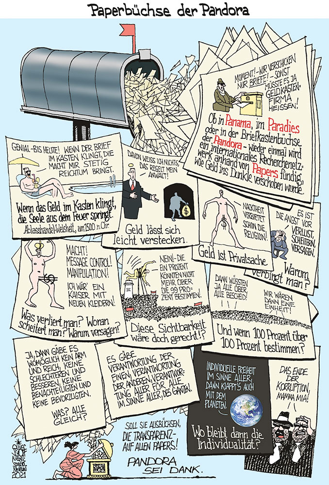 Oliver Schopf, politischer Karikaturist aus Österreich, politische Karikaturen aus Österreich, Karikatur Cartoon Illustrationen Politik Politiker international politische Karikaturen aus Österreich,  Illustrationen Comic Bildergeschichte 2021: PANAMA PARADISE PANDORA PAPERS BÜCHSE DER PANDORA ÖFFNEN AUSBÜCHSEN GELDWÄSCHE BRIEFKASTENFIRMA STEUERPARADIES TRANSPARENZ ARM REICH UNGERECHTIGKEIT VERSCHLEIERN KORRUPTION DES KAISERS NEUE KLEIDER MESSAGE CONTROL 
