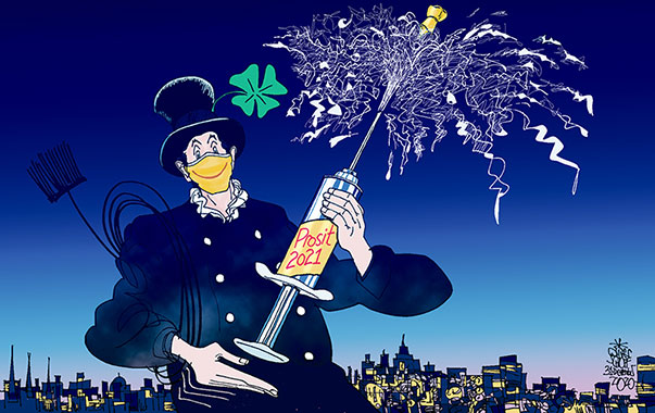 Oliver Schopf, editorial cartoons from Austria, cartoonist from Austria, Austrian illustrations, illustrator from Austria, editorial cartoon politics politician International, Politico, Cartoon Arts International, 2020 2021: 
CORONAVIRUS CRISIS SARS-CoV-2 COVID-19 HAPPY NEW YEAR NEW YEAR’S EVE CHIMNEY SWEEP SWEEPER SYRINGE VACCINE VACCINATION CHAMPAIGN 

