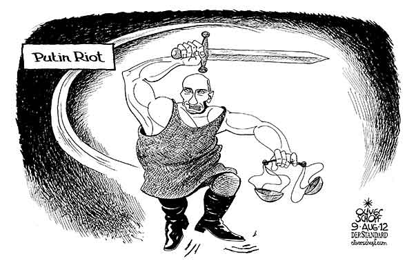  Oliver Schopf, politischer Karikaturist aus Österreich, politische Karikaturen, Illustrationen Archiv politische Karikatur Welt Russland 2012 OLYMPISCHE SPIELE LONDON 2012 RUSSLAND PUTIN PUSSY RIOT PUNK GERICHT URTEIL JUSTITIA TANZEN   
