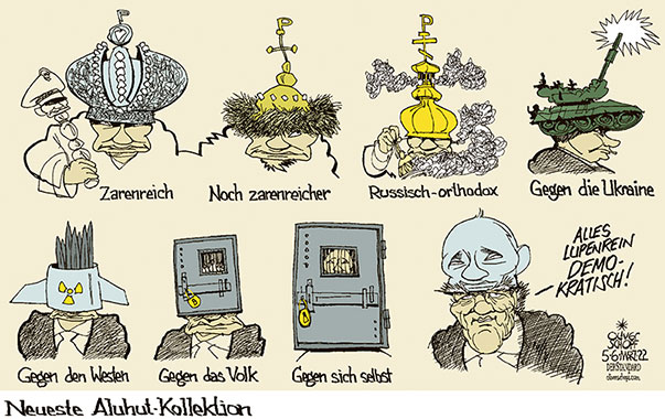 Oliver Schopf, politischer Karikaturist aus Österreich, politische Karikaturen aus Österreich, Karikatur Cartoon Illustrationen Politik Politiker international, 2022: UKRAINE KRIEG RUSSLAND PUTIN ALUHUT ZAR ZARENKRONE MÜTZE DES MONOMACH RUSSISCH-ORTHODOXE KIRCHE PANZER NUKLEARWAFFEN MEHRFACHSPRENGKOPF GEFÄNGNISZELLE ISOLIEREN GERHARD SCHRÖDER GAZPROM LUPENREINER DEMOKRAT
 