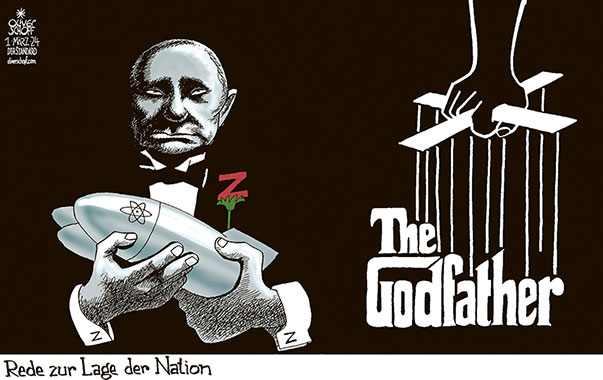 Oliver Schopf, politischer Karikaturist aus Österreich, politische Karikaturen aus Österreich, Karikatur Cartoon Illustrationen Politik Politiker international 2024: RUSSLAND PUTIN REDE ZUR LAGE DER NATION DER PATE THE GODFATHER FILM MAFIA UKRAINE KRIEG WESTEN ATOMWAFFEN NATO 



































 

 







