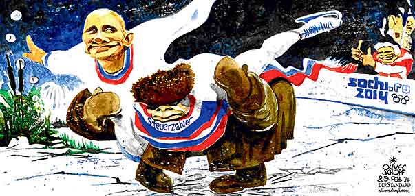  Oliver Schopf, politischer Karikaturist aus Österreich, politische Karikaturen, Illustrationen Archiv politische Karikatur Welt Russland 2014 RUSSLAND SOTSCHI 2014 OLYMPISCHE WINTERSPIELE PUTIN STEUERZAHLER EISKUNSTLAUF SUMPF KORRUPTION FAYMANN
