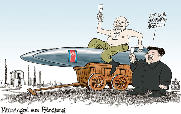 Oliver Schopf, politischer Karikaturist aus Österreich, politische Karikaturen aus Österreich, Karikatur Cartoon Illustrationen Politik Politiker international 2023: RUSSLAND PUTIN NORDKOREA KIM JONG-UN BESUCH WOSTOTSCHNY KOSMODROM WELTRAUMBAHNHOF ZUSAMMENARBEIT WAFFENLIEFERUNG RAKETEN         



