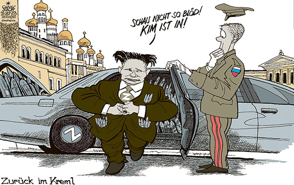 Oliver Schopf, politischer Karikaturist aus Österreich, politische Karikaturen aus Österreich, Karikatur Cartoon Illustrationen Politik Politiker international 2023: RUSSLAND PUTIN NORDKOREA KIM JONG-UN WAFFEN LIEFERUNG FRISUR KREML INNENHOF DIENSTWAGEN CHAUFFEUR



