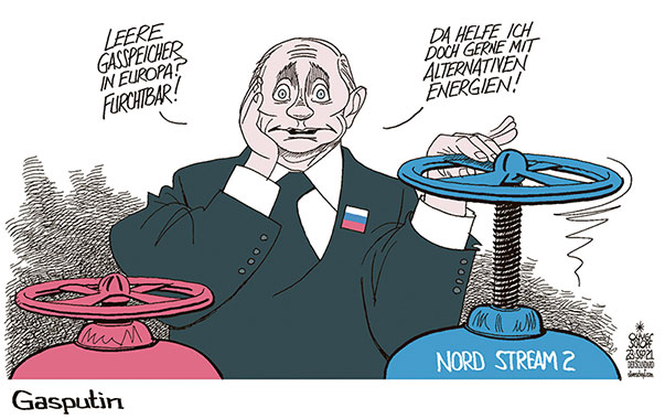 Oliver Schopf, politischer Karikaturist aus Österreich, politische Karikaturen aus Österreich, Karikatur Cartoon Illustrationen Politik Politiker international, 2021: RUSSLAND PUTIN GAZPROM GAS PIPELINE NORD STREAM 2 TEUERUNG ENGPASS VERKNAPPUNG GASSPEICHER LEER EUROPA GASHAHN 

