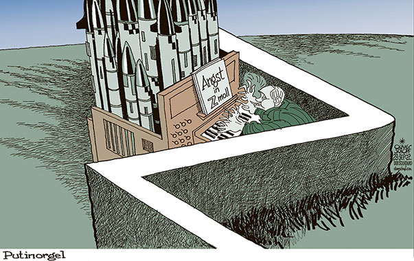 Oliver Schopf, politischer Karikaturist aus Österreich, politische Karikaturen aus Österreich, Karikatur Cartoon Illustrationen Politik Politiker international 2022: UKRAINE KRIEG PUTIN ATOMWAFFEN DROHUNG  TEILMOBILMACHUNG ORGEL ORGANIST ANGST MACHEN Z ENGE ECKE

