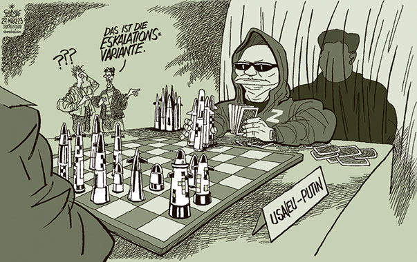 Oliver Schopf, politischer Karikaturist aus Österreich, politische Karikaturen aus Österreich, Karikatur Cartoon Illustrationen Politik Politiker international 2023: PUTIN ATOMRAKETEN BELARUS USA EU DER WESTEN NATO SCHACH POKER ZOCKEN XI JINPING









 

 







