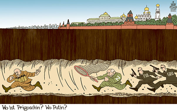 Oliver Schopf, politischer Karikaturist aus Österreich, politische Karikaturen aus Österreich, Karikatur Cartoon Illustrationen Politik Politiker international 2023: RUSSLAND PUTIN PRIGOSCHIN WAGNER GRUPPE FSB GRU GEHEIMDIENSTE UNTERGRUND UNTERGETAUCHT VERSCHWUNDEN VERFOLGUNG KREML  
  