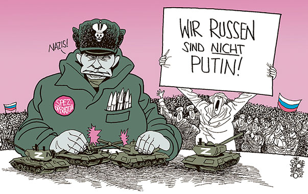Oliver Schopf, politischer Karikaturist aus Österreich, politische Karikaturen aus Österreich, Karikatur Cartoon Illustrationen Politik Politiker international 2022: Putins Krieg lässt wieder einmal vergessen, dass nicht die Bevölkerung  sondern der Kreml-Chef Krieg führt.

