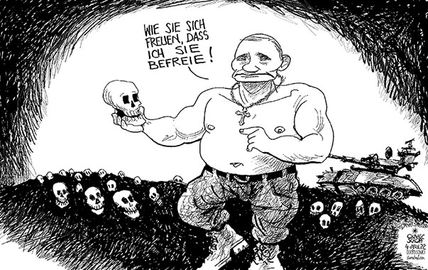 Oliver Schopf, politischer Karikaturist aus Österreich, politische Karikaturen aus Österreich, Karikatur Cartoon Illustrationen Politik Politiker international 2022: UKRAINE KRIEG TOTE MASSAKER VÖLKERMÖRD BUTSCHA PUTIN SCHÄDEL KNOCHEN BEFREIUNG HAMLET PANZER Z 
  