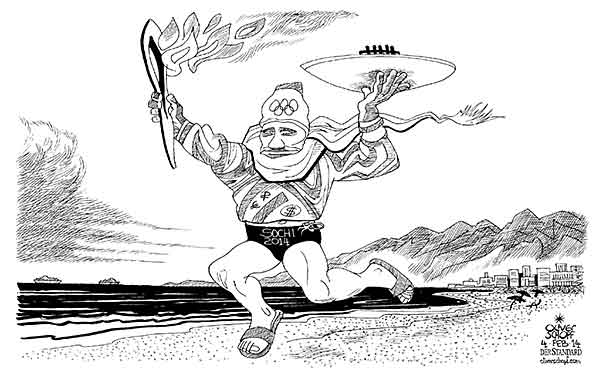 Oliver Schopf politische Karikatur: Russland - Putin und Sotschi 2014 Oliver Schopf, politischer Karikaturist aus Österreich, politische Karikaturen aus Österreich, Karikatur Cartoon Illustrationen Politik Politiker international 2014: RUSSLAND OLYMPISCHE WINTERSPIELE SOTSCHI 2014 FACKELTRAEGER FEUER SCHALE STRAND SCHWARZES MEER BADEORT BADEHOSE