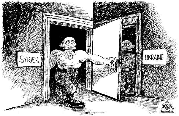  Oliver Schopf, politischer Karikaturist aus Österreich, politische Karikaturen, Illustrationen Archiv politische Karikatur Welt Russland 2015 SYRIEN RUSSLAND ASSAD PUTIN GESPRAECHE AUFTRITT EINTRITT TUER UKRAINE     

