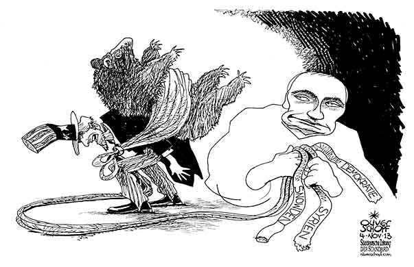 Oliver Schopf, politischer Karikaturist aus Österreich, politische Karikaturen aus Österreich, Karikatur Illustrationen Politik Politiker international 2013 RUSSLAND PUTIN USA UNCLE SAM NSA SNOWDEN SYRIEN GEHEIMDIENST BAEREN AUFBINDEN