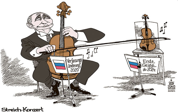  Oliver Schopf, politischer Karikaturist aus Österreich, politische Karikaturen, Illustrationen Archiv politische Karikatur Welt Russland 2020 RUSSLAND PUTIN VERFASSUNG ÄNDERUNG MINISTERPRÄSIDENT DUMA PARLAMENT RECHTE ZUKUNFT STREICHKONZERT CELLO 