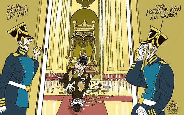 Oliver Schopf, politischer Karikaturist aus Österreich, politische Karikaturen aus Österreich, Karikatur Cartoon Illustrationen Politik Politiker international 2023: RUSSLAND PUTIN PRIGOSCHIN MEUTEREI REBELLION WAGNER GRUPPE PUTINS KOCH ZAR KREML PALAST SAAL THRONSAAL PAGEN MENU SPEISEN
  