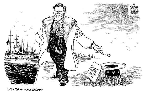  Oliver Schopf, politischer Karikaturist aus Österreich, politische Karikaturen, Illustrationen Archiv politische Karikatur Welt USA Präsidentenwahl 2012 USA WAHLEN USA ROMNEY MITT STEUERN STEUERERKLAERUNG STEUERZAHLER BETTLER HUT HAFEN SCHIFF REICHE   



