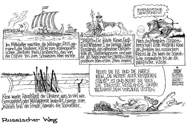  Oliver Schopf, politischer Karikaturist aus Österreich, politische Karikaturen, Illustrationen Archiv politische Karikatur Welt Russland 2014 RUSSLAND UKRAINE KIEW RUS DRITTES ROM WIKINGER WARAEGER WLADIMIR DER HEILIGE PUTIN MONGOLEN GOLDENE HORDE KRIM  
