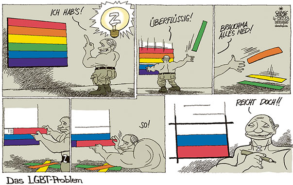 Oliver Schopf, politischer Karikaturist aus Österreich, politische Karikaturen aus Österreich, Karikatur Cartoon Illustrationen Politik Politiker international 2023: RUSSLAND FLAGGE PUTIN Z UKRAINE KRIEG SCHWULE LESBEN LGBTIQ GESETZ REGENBOGENFAHNE IDEE LICHT GLÜHBIRNE



































 

 







