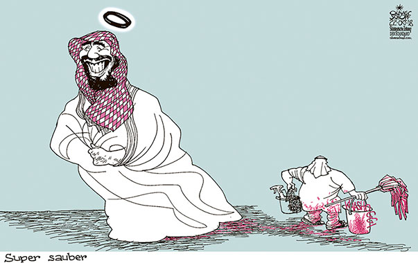  Oliver Schopf, politischer Karikaturist aus Österreich, politische Karikaturen, Illustrationen Archiv politische Karikatur Welt   SAUDI ARABIEN und Golfstaaten 2018 KRONPRINZ MOHAMMED IBN SALAMN MbS KHASHOGGI REINWASCHEN SAUBER PUTZEN
