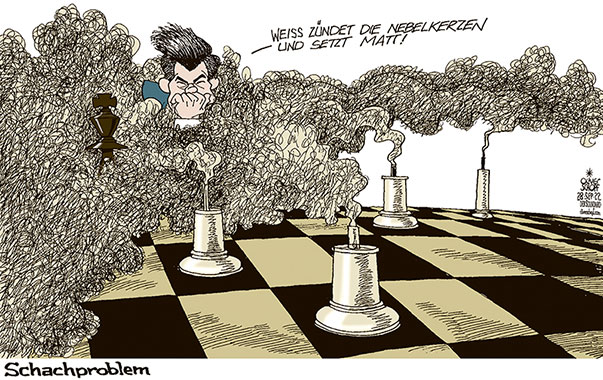 Oliver Schopf, politischer Karikaturist aus Österreich, politische Karikaturen aus Österreich, Karikatur Cartoon Illustrationen Politik Politiker international 2022: SCHACH MAGNUS CARLSEN NIEMANN BETRUG NEBELKERZEN SCHACHBRETT SCHACHPROBLEM AUFGABE 
  