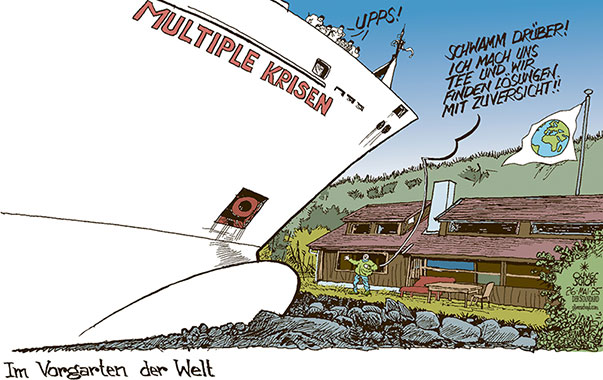 Oliver Schopf politische Karikaturen: Ein Containerschiff strandet im Vorgarten eines norwegischen Hausbesitzers. Zum Glück ist nichts passiert, der Hauseigner zeigt Humor. - Vielleicht ein Beispiel auch mit anderen Problemen unaufgeregter umzugehen.
Oliver Schopf, politischer Karikaturist aus Österreich, politische Karikaturen aus Österreich, Karikatur Cartoon Illustrationen Politik Politiker international @oliverschopf.bsky.social 2025: NORWEGEN CONTAINERSCHIFF CARGO SHIP STRANDEN FJORD VORGARTEN WELT ERDE MULTIPLE KRISEN ZUVERSICHT HOFFNUNG THINK POSITIVE