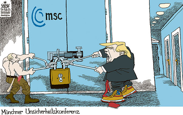 Oliver Schopf, politischer Karikaturist aus Österreich, politische Karikaturen aus Österreich, Karikatur Cartoon Illustrationen Politik Politiker international 2024: MÜNCHER SICHERHEITSKONFERENZ MSC BAYRISCHER HOF PUTIN TRUMP VORHANGSCHLOSS BOLZENSCHNEIDER GOLDENE SCHUHE SNEAKERS 



































 

 







