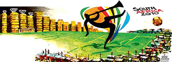 Oliver Schopf, editorial cartoons from Austria, cartoonist from Austria, Austrian illustrations, illustrator from Austria, editorial cartoon miscellaneous 2010: world cup soccer south africa Johannesburg jozi joburg gold diamond sparkler township
