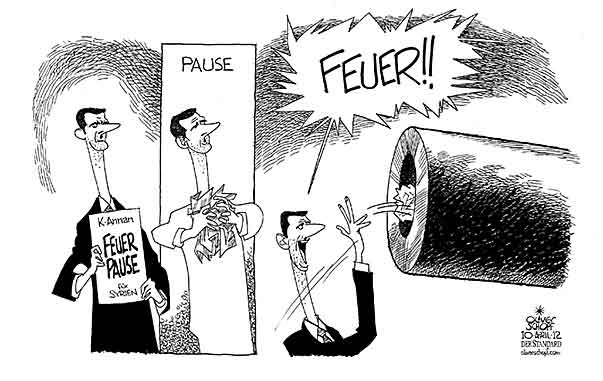 Oliver Schopf, politischer Karikaturist aus Österreich, politische Karikaturen aus Österreich, Karikatur Illustrationen Politik Politiker international 2012 SYRIEN ASSAD KOFI ANNAN WAFFENSTILLSTAND FEUERPAUSE FRIEDEN PANZER
