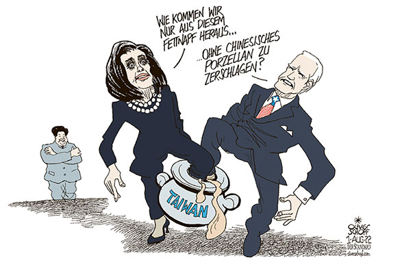 Oliver Schopf, politischer Karikaturist aus Österreich, politische Karikaturen aus Österreich, Karikatur Cartoon Illustrationen Politik Politiker international 2022: TAIWAN CHINA USA JOE BIDEN NANCY PELOSI XI JINPING FETTNAPF INS FETTNÄPCHEN TRETEN CHINESISCHES PORZELLAN ZERSCHLAGEN
