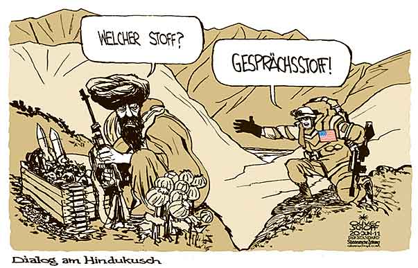 Oliver Schopf, politischer Karikaturist aus Österreich, politische Karikaturen aus Österreich, Karikatur Illustrationen Politik Politiker international 2011 afghanistan usa taliban krieg gespraeche stoff hindukusch
 



















 
