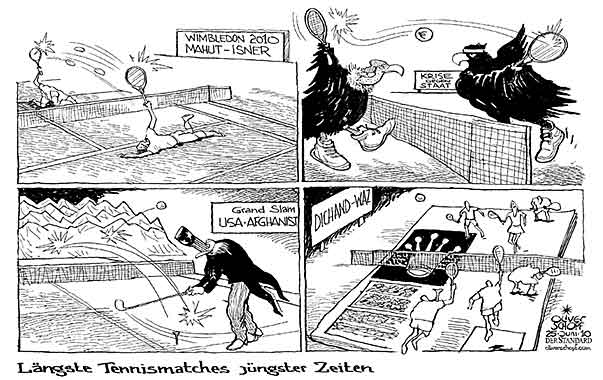  Oliver Schopf, politischer Karikaturist aus Österreich, politische Karikaturen, Illustrationen Archiv politische Karikatur Welt Sport  2010:  tennis wimbledon mahut isner staat krise usa afghanistan kronenzeitung duchand waz
