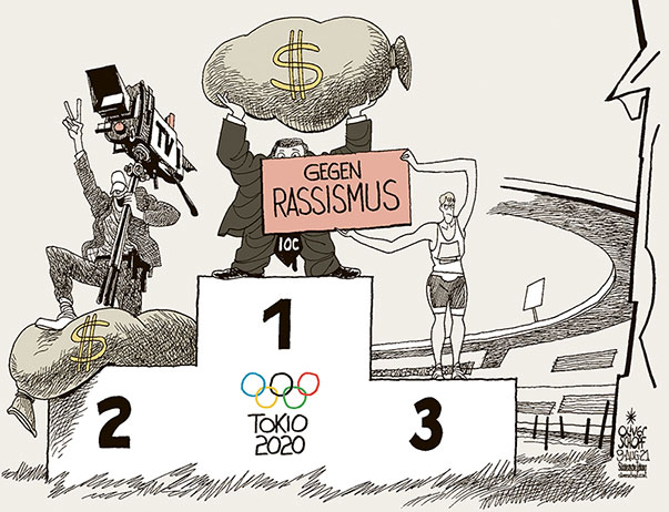 Oliver Schopf, politischer Karikaturist aus Österreich, politische Karikaturen aus Österreich, Karikatur Cartoon Illustrationen Politik Politiker international, Süddeutsche Zeitung, Seite 4, Meinung, 2021: TOKIO OLYMPISCHE SPIELE 2020 GEWINNER SIEGER STOCKERL IOC MEDIEN TV ATHLET GELD DOLLAR RASSISMUS 


