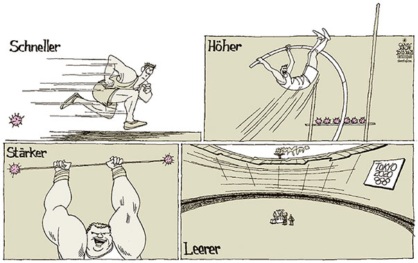 Oliver Schopf, politischer Karikaturist aus Österreich, politische Karikaturen aus Österreich, Karikatur Cartoon Illustrationen Politik Politiker international 2021: OLYMPISCHE SPIELE TOKYO CORONAVIRUS KRISE SARS-CoV-2 COVID-19 STADION LEERE BESUCHER ZUSCHAUER SCHNELLER HÖHER STÄRKER SICHERHEIT MASSNAHMEN
